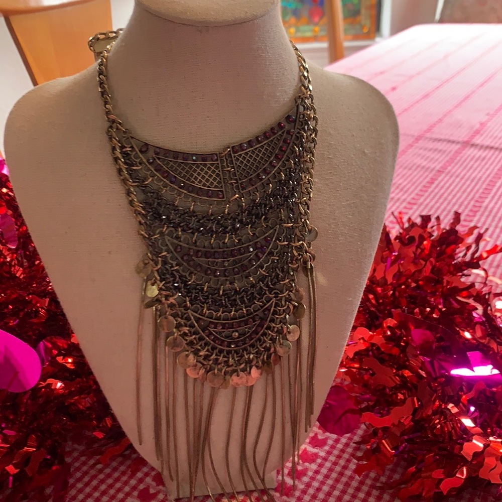 Statement necklace metal fringe stones gold tone